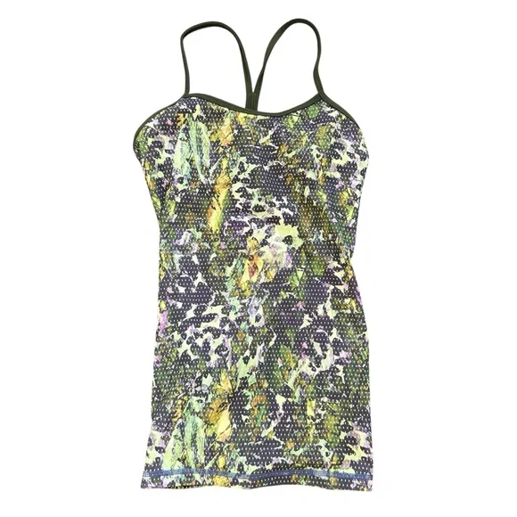 Lululemon Power Y Tank Top Women’s Sz 4 Green Floral Abstract Strappy Shelf Bra - Picture 2 of 8